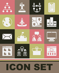 Set Browser files, Computer monitor, Award over winner podium, Project team base, Rocket, Earth globe, Hierarchy organogram chart and Folded map with location icon. Vector