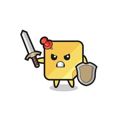 cute sticky notes soldier fighting with sword and shield