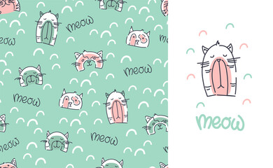 Cute cats seamless pattern. Children print for clothes. A postcard with a cat and an inscription. Vector background