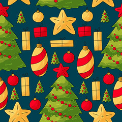 New Year's Holidays. Seamless vector pattern with stars, Christmas tree decorations. Pattern in hand draw style