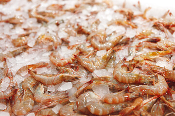 Fresh raw shrimps close up lying on ice in supermarket