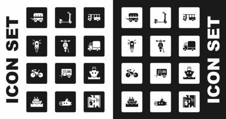 Set Bus, Scooter, Wild west covered wagon, Delivery cargo truck, Cargo ship and Bicycle icon. Vector
