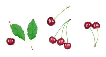 Sweet сherry fruits isolated on white background. Top view.