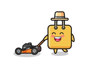 illustration of the shopping bag character using lawn mower