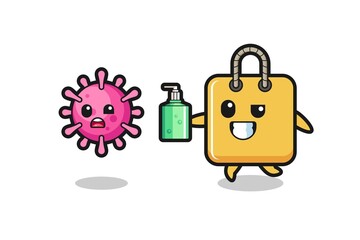 illustration of shopping bag character chasing evil virus with hand sanitizer