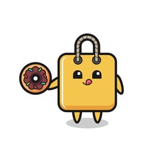 illustration of an shopping bag character eating a doughnut