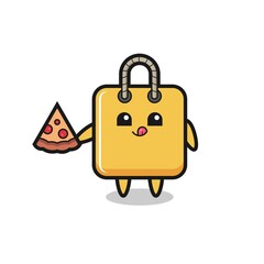 cute shopping bag cartoon eating pizza