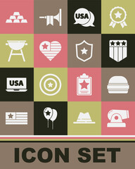 Set Cannon, Burger, Shield with stars, USA label, Independence day, Barbecue grill, Gold bars and Police badge icon. Vector