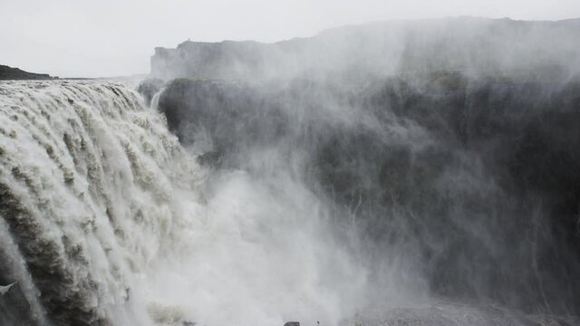 Slow-motion cinematic footage with slow dolly out of the incredible Dettifoss falls in Iceland. 