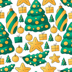 New Year's Holidays. Seamless vector pattern with stars, Christmas tree. Pattern in hand draw style