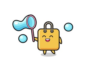 happy shopping bag cartoon playing soap bubble