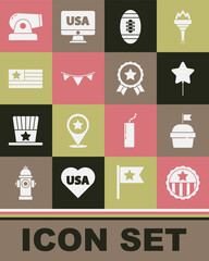 Set Medal with star, Cake, Balloon, American Football ball, Carnival garland flags, Cannon and icon. Vector