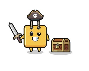 the shopping bag pirate character holding sword beside a treasure box