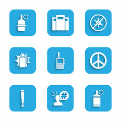 Set Walkie talkie, Protest, Hand grenade, Peace, Police rubber baton, and icon. Vector