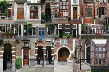 A collage of colorful old wooden front doors from Amsterdam and the Hague in Holland. Different...