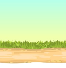 Obraz premium Seamless sandy road. Horizontal border composition. Summer meadow landscape. Juicy grass. Rural rustic scenery. Cartoon design. Flat style art illustration vector