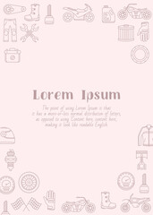 Moto - vertical card with text and vector outline illustrations of motorcycle, engine, wheel, helmet and other parts and accessories symbols for graphic design