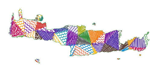 Kid style map of Crete. Hand drawn polygons in the shape of Crete. Vector illustration.