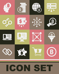Set Bitcoin, Sales funnel with bitcoin, Hand holding, Globe, Cryptocurrency wallet, key, think and Blockchain technology icon. Vector