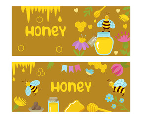 Flyers are horizontal with honey and bees. Vector cartoon illustration isolated. Invitation, leaflet for business, for printing