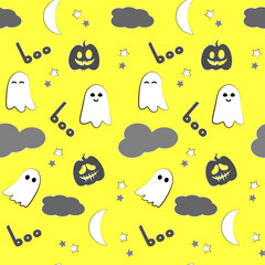 Seamless halloween pattern. Ghosts and clouds on a yellow background. Vector illustration