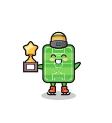 football field cartoon as an ice skating player hold winner trophy