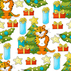Seamless vector pattern for year of the tiger 2022. Pattern in hand draw style. Tiger, Christmas tree, gifts, Christmas