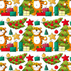 Seamless vector pattern for year of the tiger 2022. Pattern in hand draw style. Tiger, Christmas tree decorations