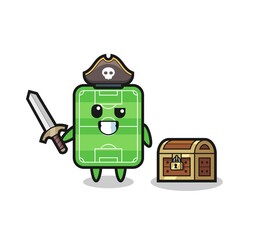 the football field pirate character holding sword beside a treasure box