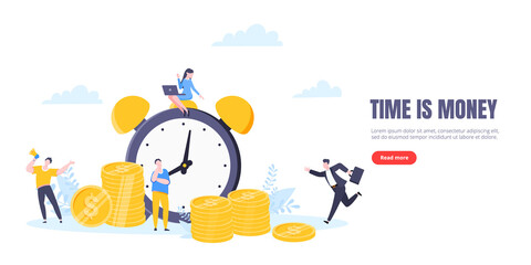 Time is money or save time business concept flat style vector illustration isolated on white background. Financial investment and marketing planning of money growth with US coin, big clock and people.