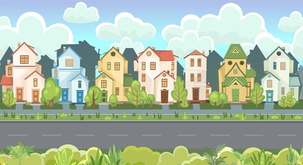 Street. Cartoon houses with a road. Asphalt. Village or town. A beautiful, cozy country house in a traditional European style. Nice funny home. Rural building. Vector