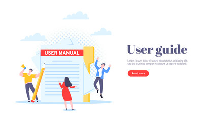 User manual guide book flat style design vector illustration. Tiny people and giant pencil working together with guide book. Specifications user guidance document.