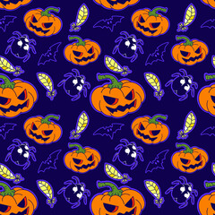 halloween seamless pattern vector, pumpkin, feather and bug