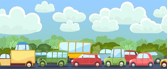 Heavy traffic on road. Seamless horizontal cartoon illustration. Asphalt path. Summer landscape. Different cars in comic style. Vector