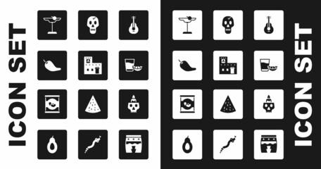 Set Mexican guitar, house, Hot chili pepper pod, Margarita cocktail, Tequila glass with lemon, Skull, Burning candle skull and Beans icon. Vector