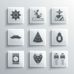 Set Poncho, Maracas, Avocado, Nachos, Mexican carpet, Mustache, Sun and man sombrero icon. Vector