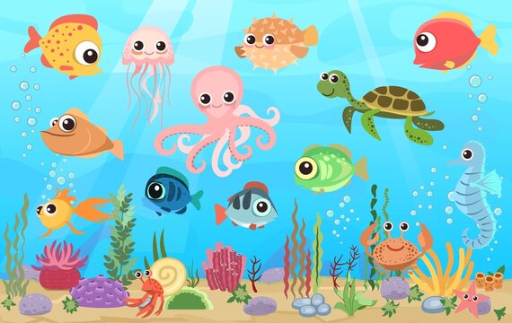 Bottom of reservoir with fish. Blue water. Sea ocean. Octopus. Underwater landscape with animals. plants, algae and corals. Cartoon style illusteration. Vector art
