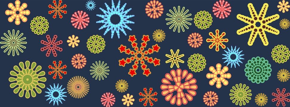 Festive background. Seamless picture. Bright flashes of fireworks in a symbolic style. Horizontal. Petard and squib. Flat design. Cartoon style. Vector