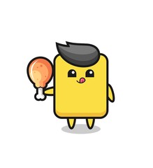 yellow card cute mascot is eating a fried chicken