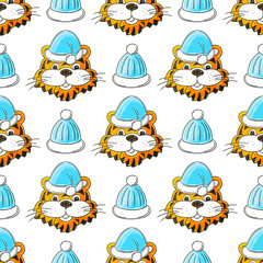 Seamless vector pattern with tigers heads in New Year's hats, gifts. Pattern in hand draw style. Year of the tiger 2022