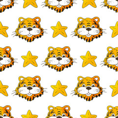 Seamless vector pattern with tigers heads, stars. 2022. Can be used for fabric, packaging, wrapping paper