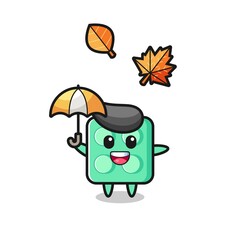 cartoon of the cute brick toy holding an umbrella in autumn