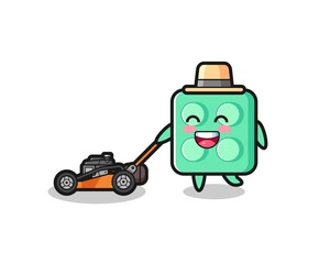 illustration of the brick toy character using lawn mower