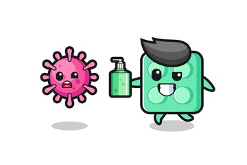 illustration of brick toy character chasing evil virus with hand sanitizer