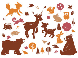 かわいい秋の森の動物シルエットセット　Animal silhouette in autumn forest vector illustration