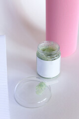 Body scrub of honey sugar peeling. Neutral Background.