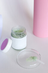 Body scrub of honey sugar peeling. Neutral Background.
