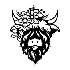 Highland cow Lady head design on white background. Farm Animal. Cows logos or icons. vector illustration.