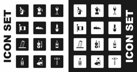 Set Wine glass, Men shoes, Flag Italy, Bottle of wine bucket, Pizza knife, Coffee moca pot, and Tower Pisa icon. Vector