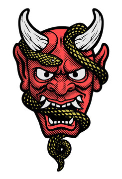 Japanese mask of a demon with a snake. Vector illustration.